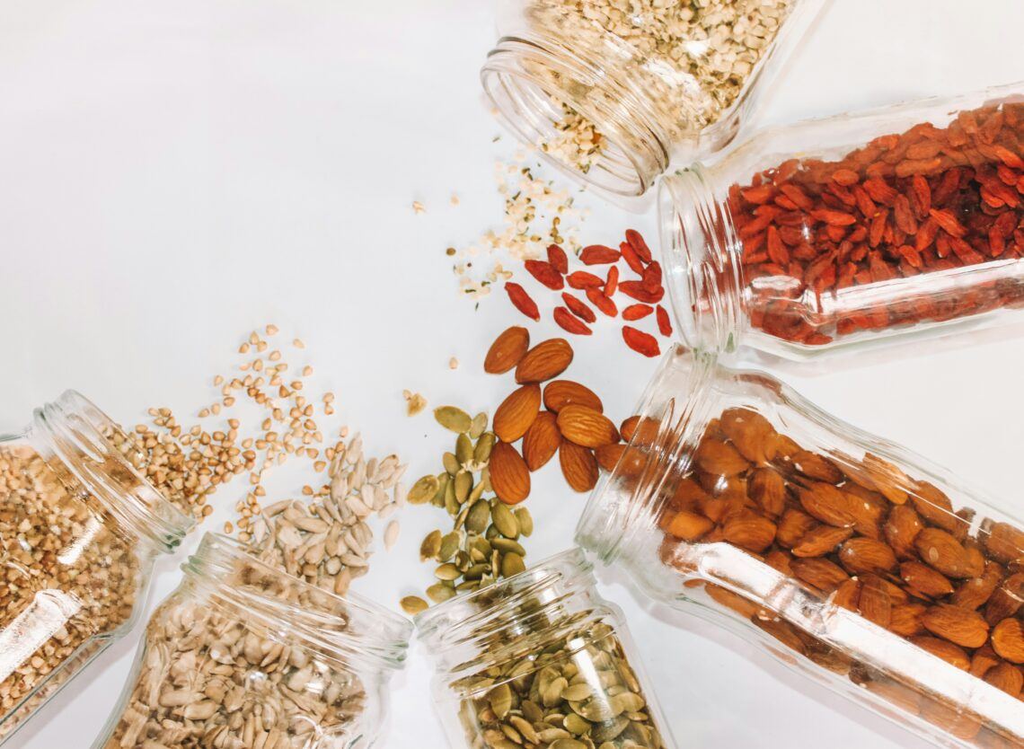 Variety of super foods: pumpkin seeds, Goji, berries, almonds, sunflower, seeds, quinoa