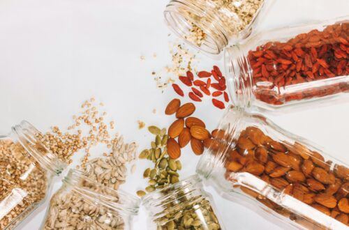 Variety of super foods: pumpkin seeds, Goji, berries, almonds, sunflower, seeds, quinoa